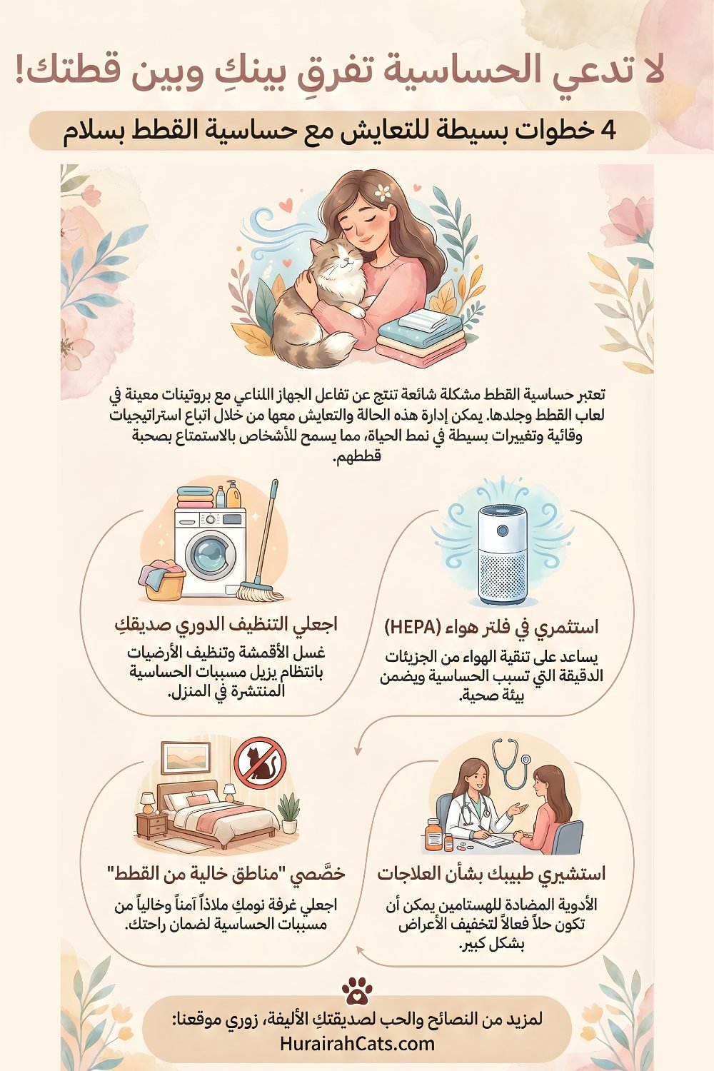 إنفوغرافيك يشرح حساسية القطط وأعراضها مثل العطاس وحكة العين، مع نصائح عملية للتعايش مع القطط وطرق علاج وتخفيف الحساسية دون التخلي عنها.