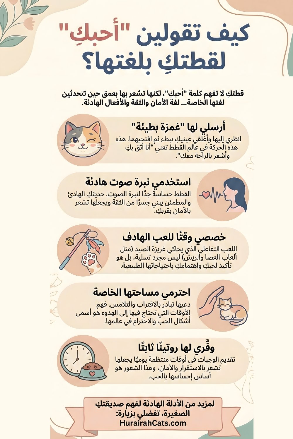 إنفوغرافيك يوضّح طرقًا سلوكية بسيطة لتعبير الحب للقطط، مثل الرمش البطيء، اللعب الهادئ، احترام المساحة، والتواصل الصوتي اللطيف، بأسلوب إنساني دافئ.