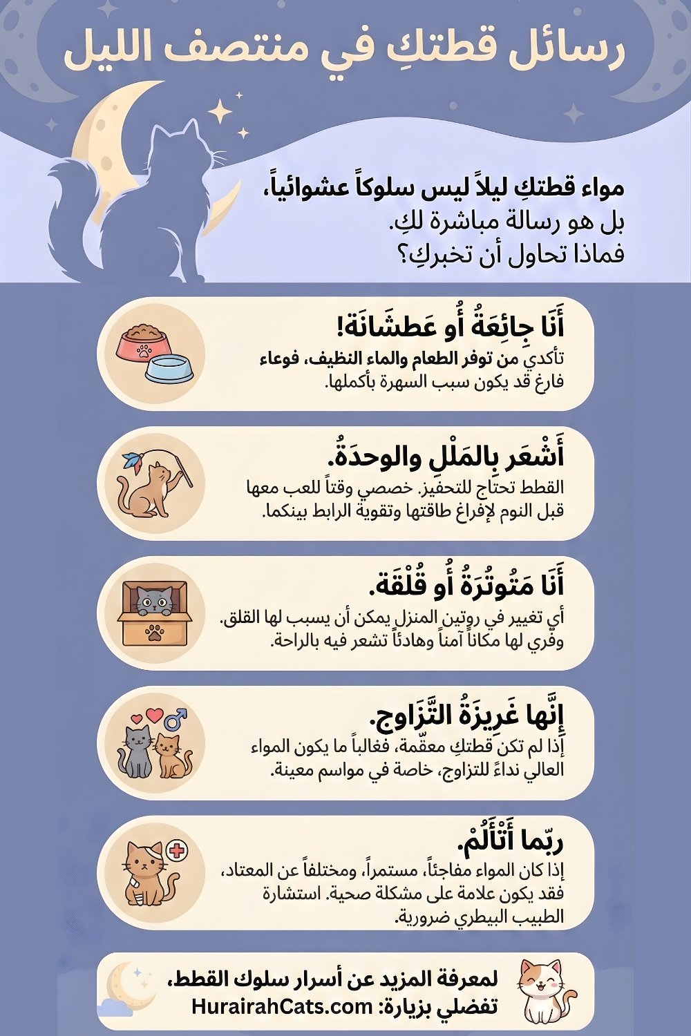 إنفوغرافيك يوضّح أسباب مواء القطط بصوت عالٍ في الليل مثل الغريزة الليلية، الجوع، الملل، التغيرات الهرمونية أو المشاكل الصحية، مع نصائح عملية للتعامل الهادئ.