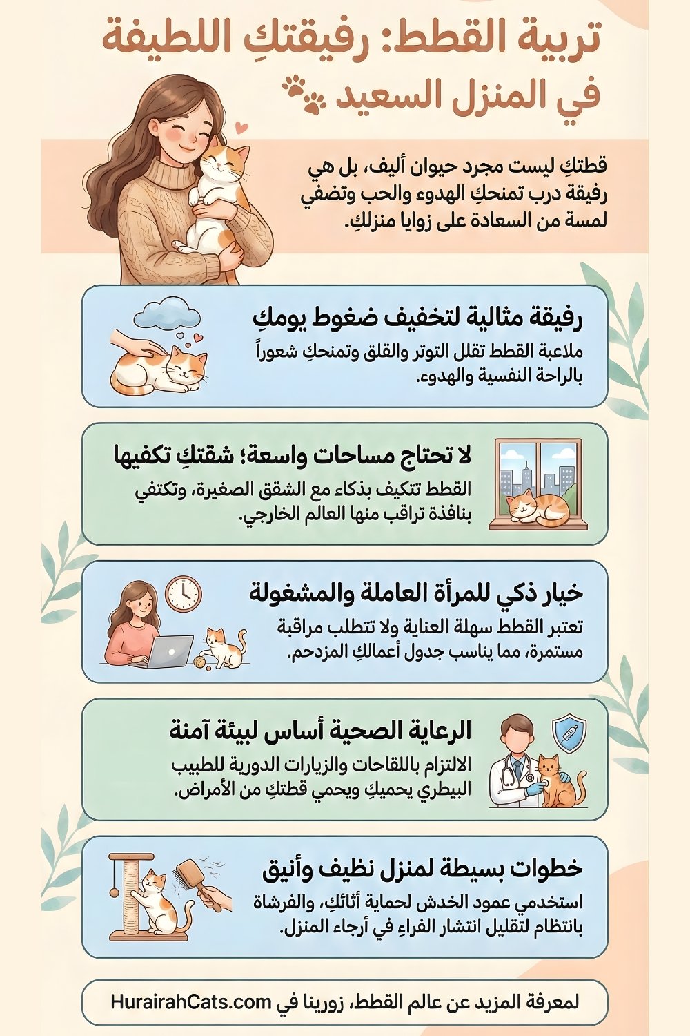 إنفوغرافيك يوضّح إيجابيات وسلبيات تربية القطط داخل المنزل، مع نصائح لمساعدة المربين الجدد على اتخاذ قرار مناسب.