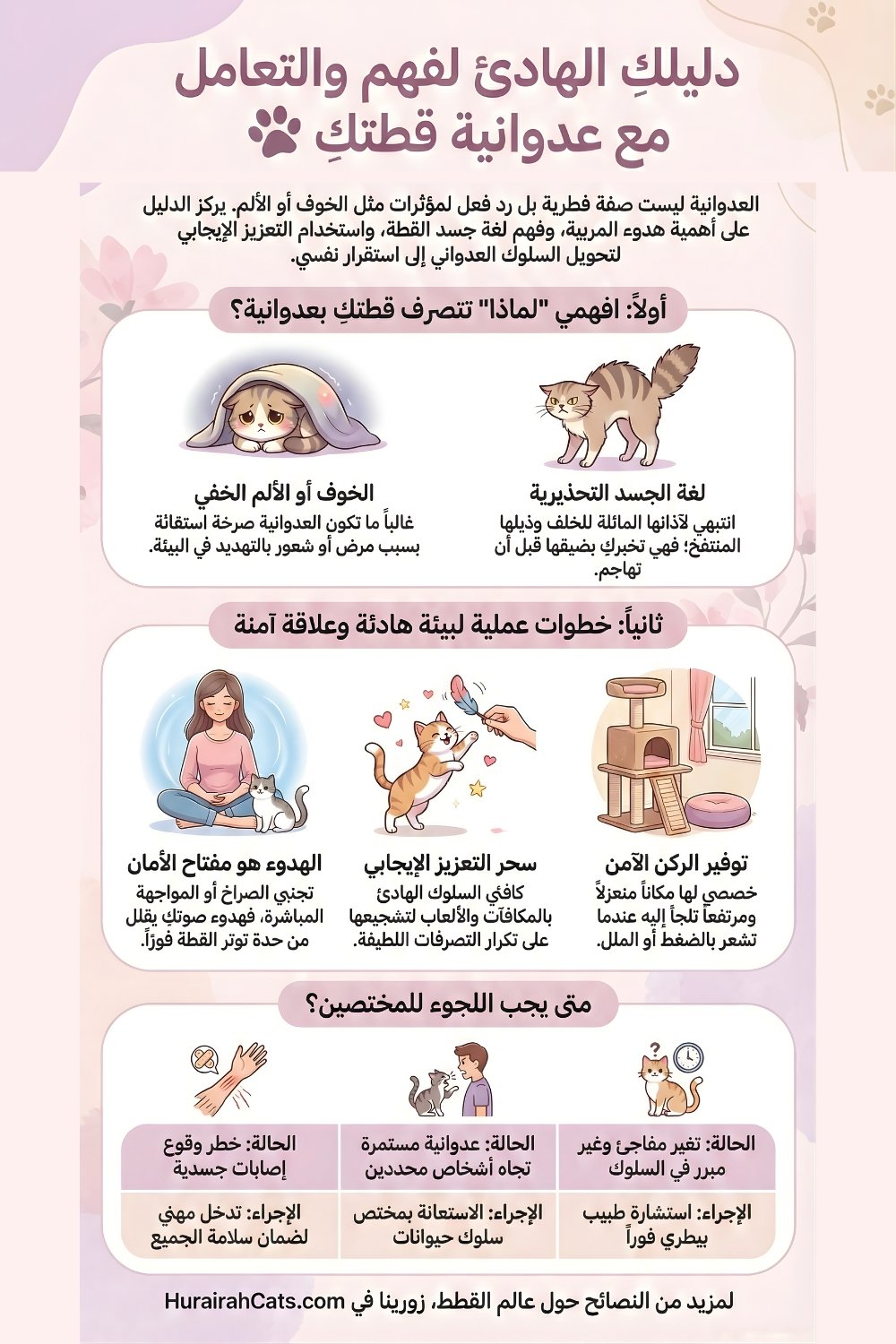 إنفوغرافيك يوضّح أسباب العدوانية لدى القطط، إشارات التحذير، وخطوات عملية للتعامل الآمن وتهدئة السلوك.