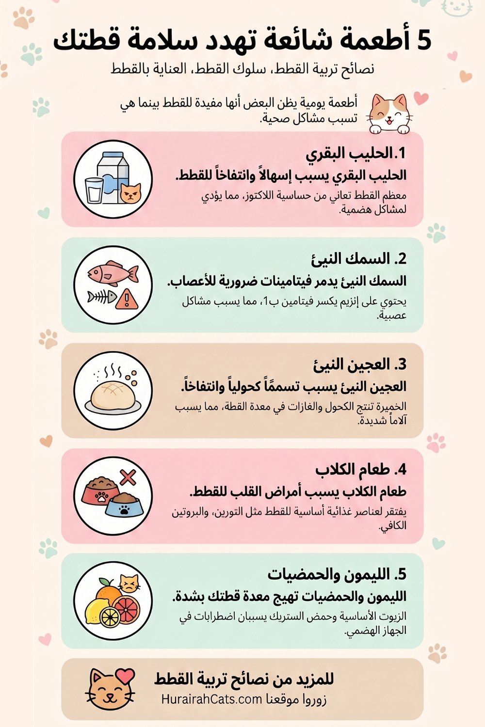 إنفوغرافيك يوضح 5 أطعمة شائعة تضر بصحة القطط منها الحليب البقري والسمك النيئ وطعام الكلاب