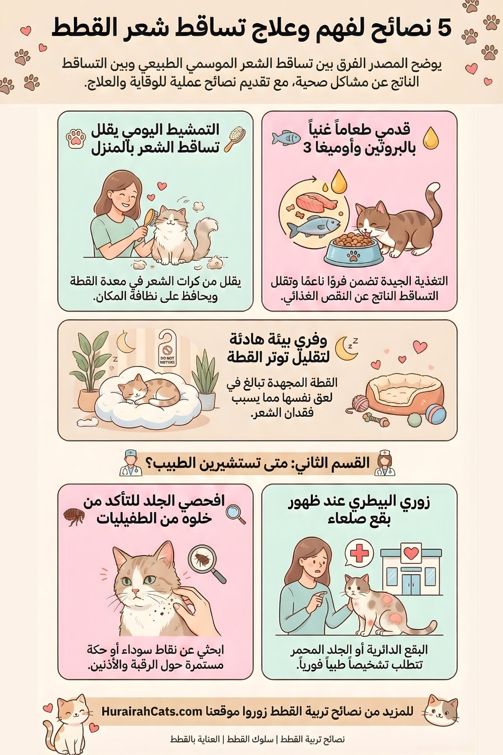 إنفوغرافيك يوضح أسباب تساقط شعر القطط مثل الحساسية والطفيليات وسوء التغذية، مع طرق العلاج والوقاية.
