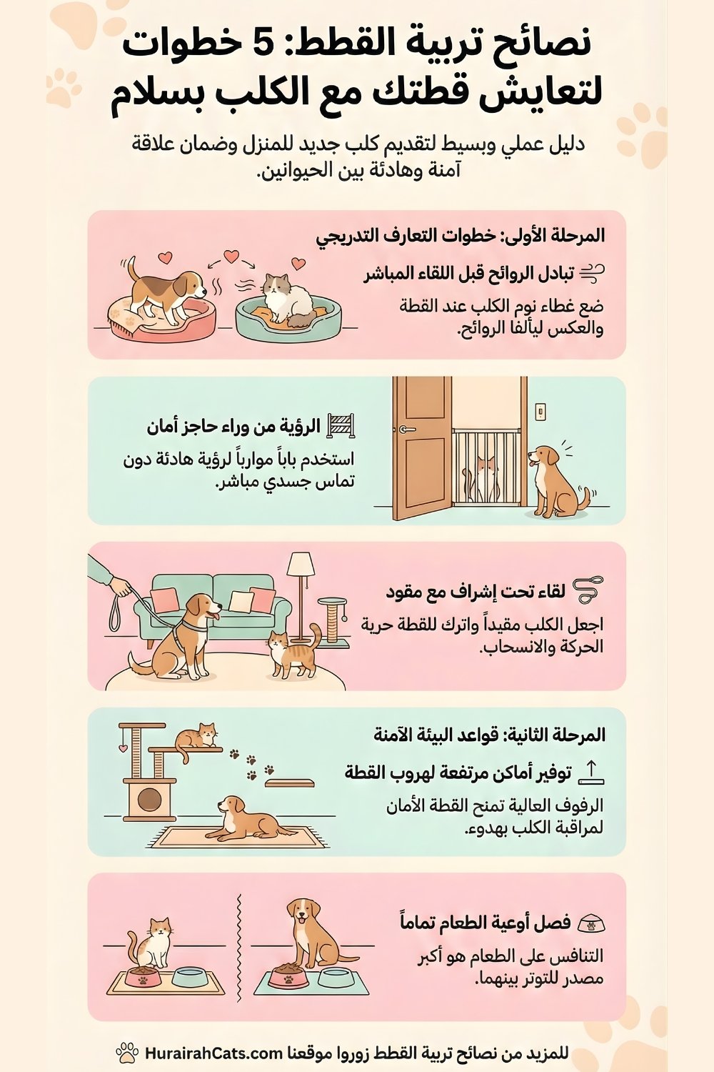 إنفوغرافيك يشرح كيفية تحقيق التعايش بين القطط والكلاب داخل المنزل، مع نصائح لتقليل التوتر وتعزيز التفاهم بين الحيوانات الأليفة.