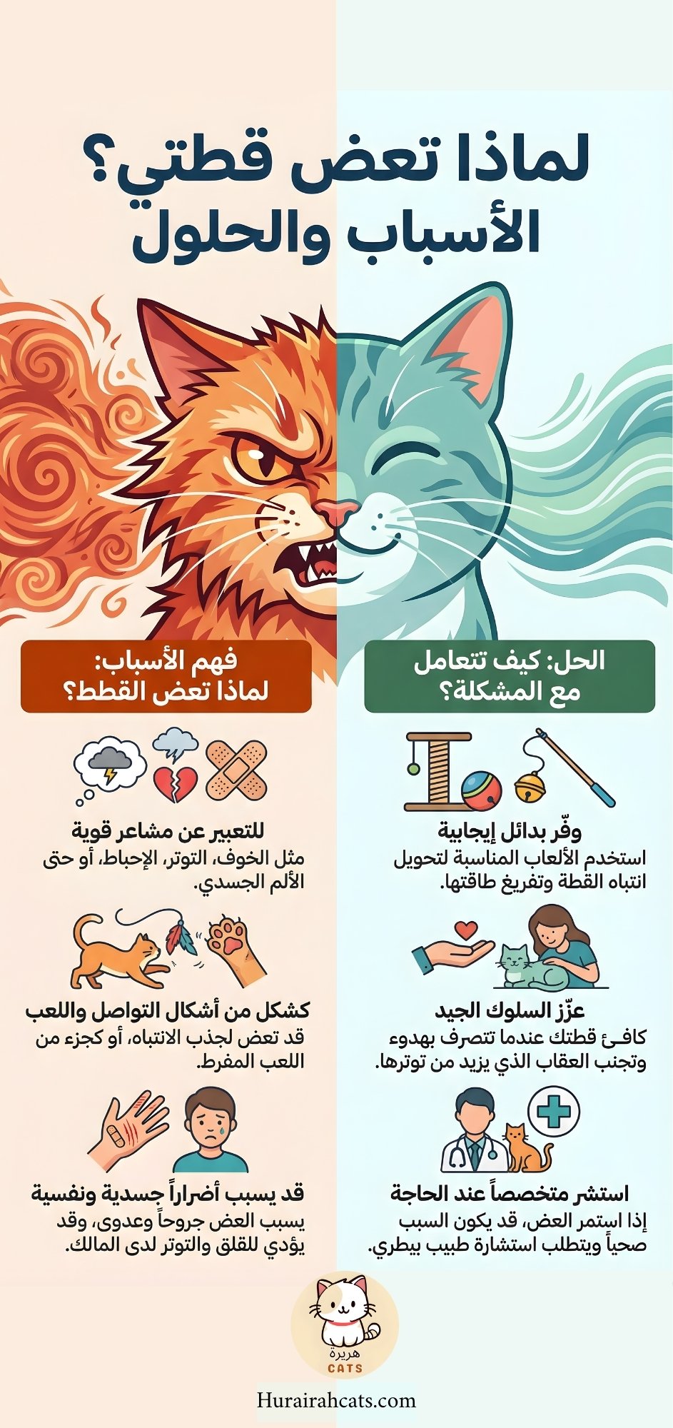 إنفوغرافيك يشرح لماذا تعض القطط أصحابها، مع عرض الأسباب السلوكية والطبية، والأضرار المحتملة، وطريقة علاج مشكلة عض القطط عبر التدريب الصحيح وفهم لغة الجسد.