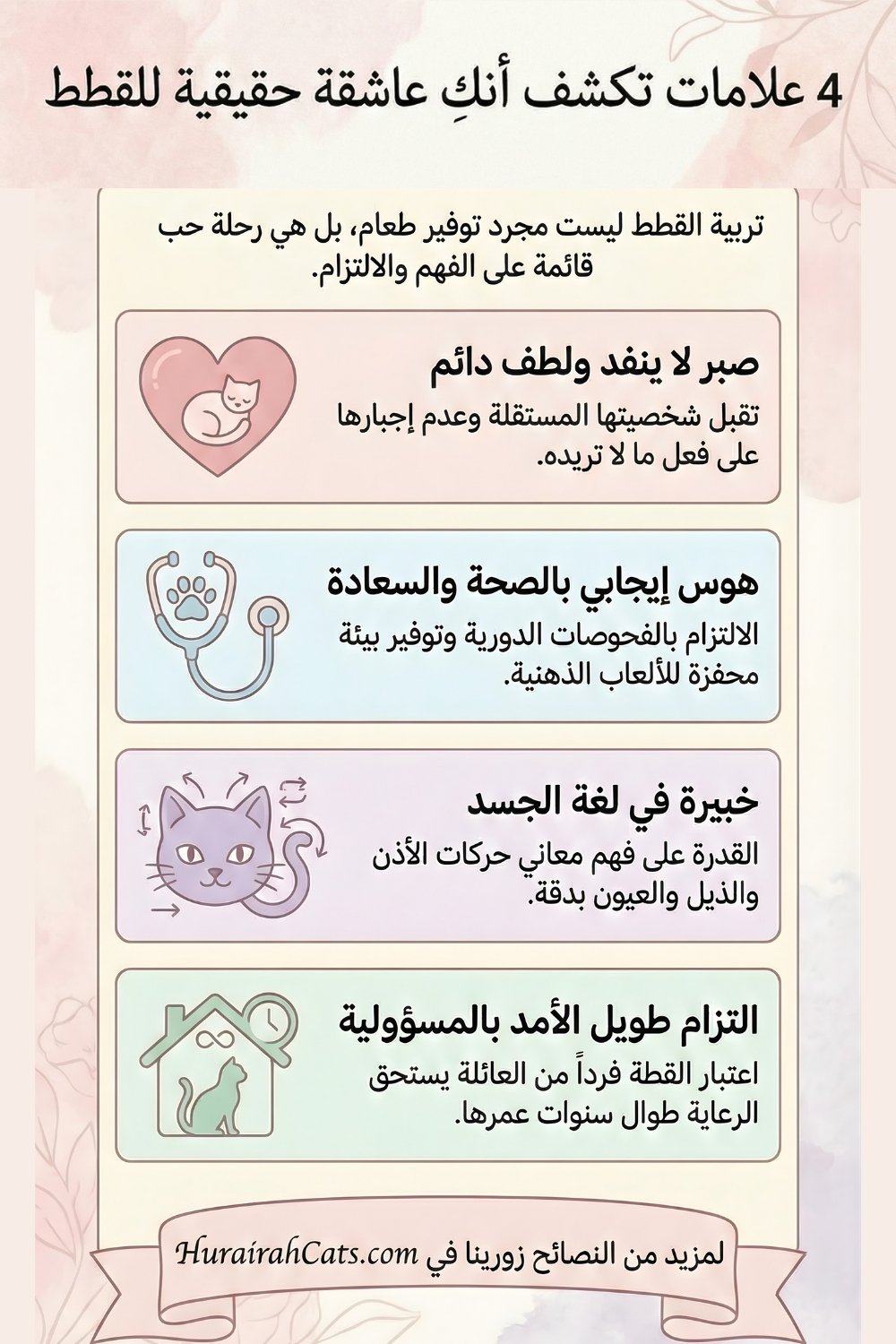 إنفوغرافيك يسلّط الضوء على أربع صفات إنسانية مشتركة بين عشّاق القطط الحقيقيين، مثل الصبر، التعاطف، والاستقلالية.