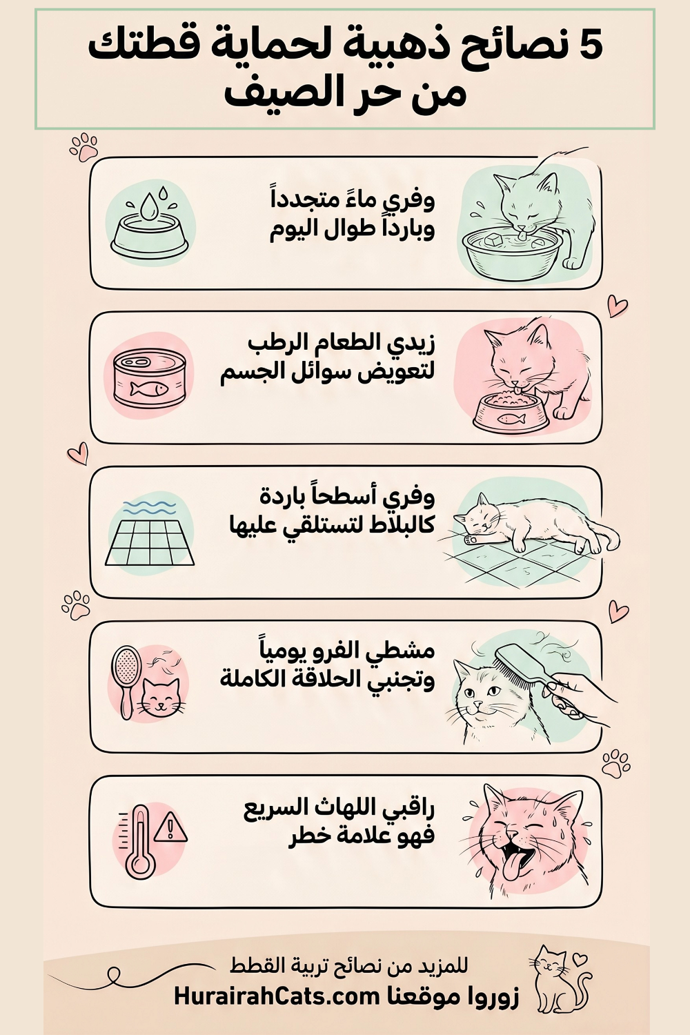 إنفوغرافيك يوضح 5 نصائح لحماية القطط من الإجهاد الحراري: الماء المتجدد، الطعام الرطب، أسطح باردة، تمشيط الفرو، ومراقبة اللهاث