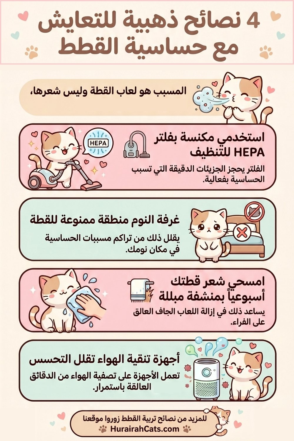 إنفوغرافيك يوضح 4 نصائح للتعايش مع حساسية القطط: مكنسة HEPA، منع القطة من غرفة النوم، مسح الشعر أسبوعياً، وأجهزة تنقية الهواء