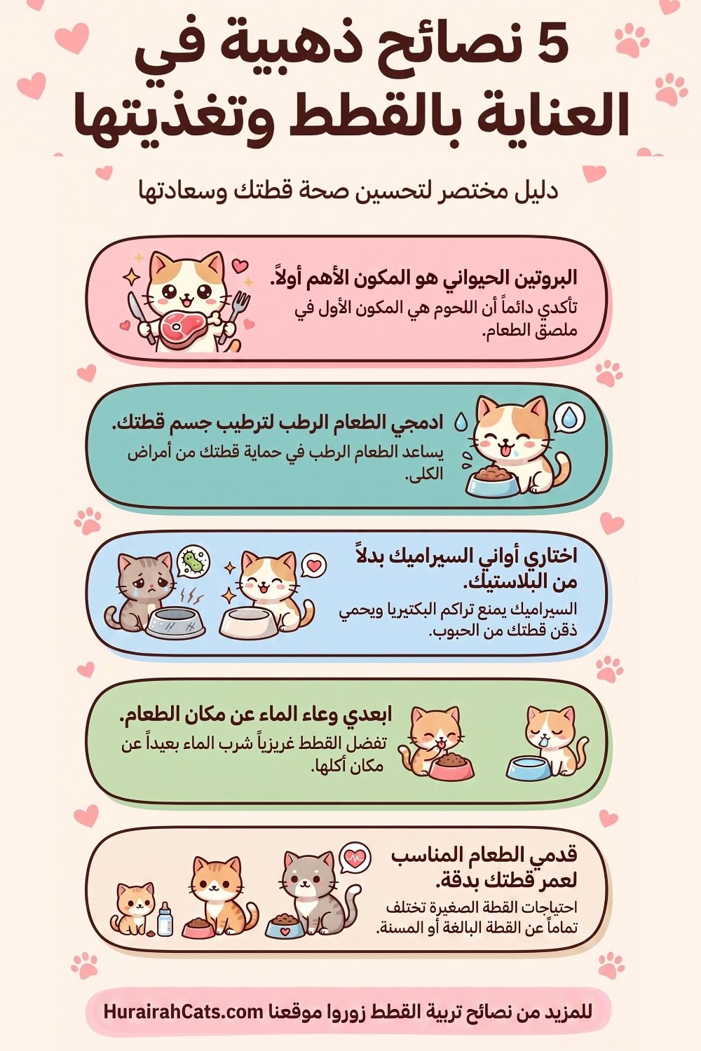 إنفوغرافيك يوضح 5 نصائح لتغذية القطط: البروتين الحيواني أولاً، الطعام الرطب لحماية الكلى، أواني السيراميك، وضع الماء بعيداً عن الطعام، وتخصيص الطعام حسب العمر