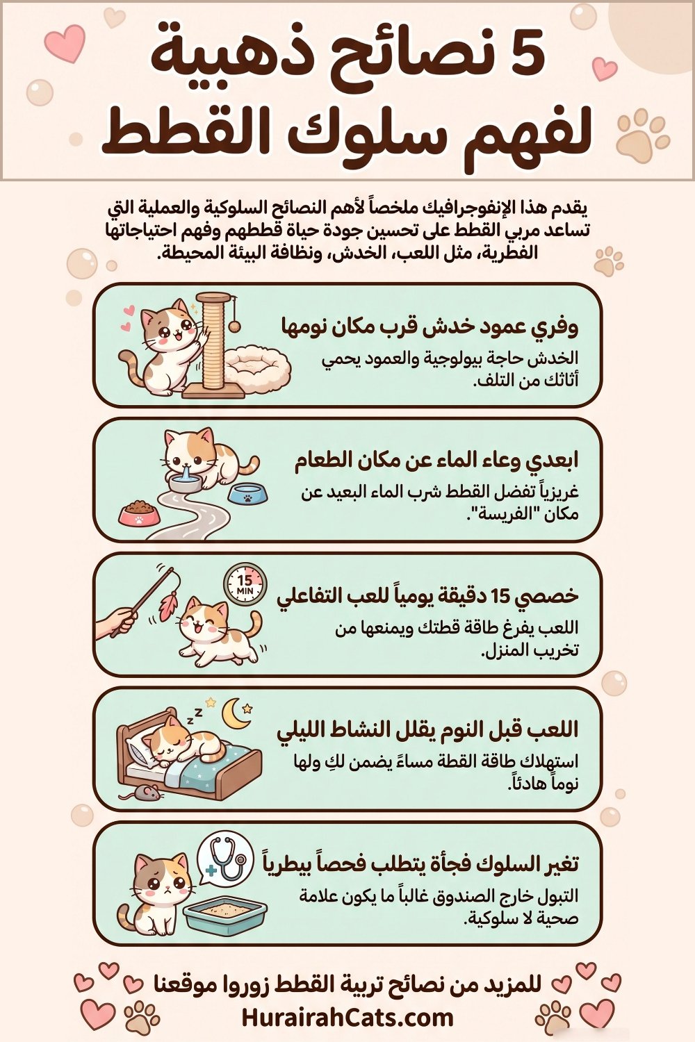 إنفوغرافيك يوضح 5 نصائح لفهم سلوك القطط: عمود الخدش، إبعاد الماء عن الطعام، اللعب التفاعلي اليومي، اللعب قبل النوم، وتغير السلوك المفاجئ كمؤشر صحي